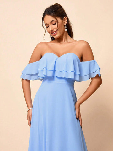 Elegant, Soft And Elegant, Romantic Alice Blue Chiffon One-Shoulder Ruffled High-Waisted A-Shaped Umbrella Hem Seaside Wedding Outdoor Wedding Lawn Wedding Travel Wedding Bridesmaid Dress