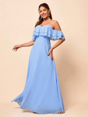 Elegant, Soft And Elegant, Romantic Alice Blue Chiffon One-Shoulder Ruffled High-Waisted A-Shaped Umbrella Hem Seaside Wedding Outdoor Wedding Lawn Wedding Travel Wedding Bridesmaid Dress