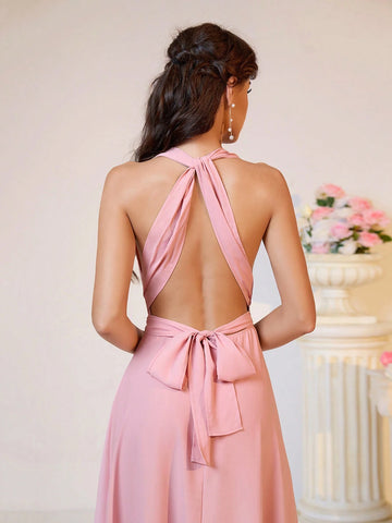 Elegant, Soft And Romantic Women's Shrimp Pink Chiffon Fabric, Multiple Ways To Wear, Backless Design, Straps, High Waist, A-Shaped, Large Hem, Extra Long Bridesmaid Dress