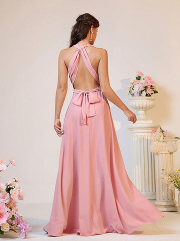 Elegant, Soft And Romantic Women's Shrimp Pink Chiffon Fabric, Multiple Ways To Wear, Backless Design, Straps, High Waist, A-Shaped, Large Hem, Extra Long Bridesmaid Dress