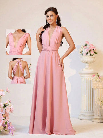Elegant, Soft And Romantic Women's Shrimp Pink Chiffon Fabric, Multiple Ways To Wear, Backless Design, Straps, High Waist, A-Shaped, Large Hem, Extra Long Bridesmaid Dress