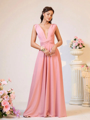 Elegant, Soft And Romantic Women's Shrimp Pink Chiffon Fabric, Multiple Ways To Wear, Backless Design, Straps, High Waist, A-Shaped, Large Hem, Extra Long Bridesmaid Dress