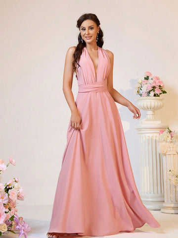 Elegant, Soft And Romantic Women's Shrimp Pink Chiffon Fabric, Multiple Ways To Wear, Backless Design, Straps, High Waist, A-Shaped, Large Hem, Extra Long Bridesmaid Dress