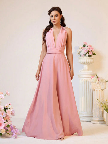 Elegant, Soft And Romantic Women's Shrimp Pink Chiffon Fabric, Multiple Ways To Wear, Backless Design, Straps, High Waist, A-Shaped, Large Hem, Extra Long Bridesmaid Dress