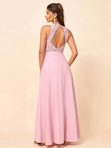 Elegant, Soft, Elegant, Romantic And Fashionable Women's Pink Exquisite Lace Splicing Bohemian Style Outdoor Wedding Lawn Wedding Seaside Wedding Formal Wedding Bridesmaid Dress