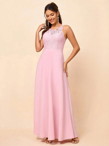 Elegant, Soft, Elegant, Romantic And Fashionable Women's Pink Exquisite Lace Splicing Bohemian Style Outdoor Wedding Lawn Wedding Seaside Wedding Formal Wedding Bridesmaid Dress