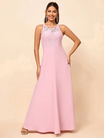 Elegant, Soft, Elegant, Romantic And Fashionable Women's Pink Exquisite Lace Splicing Bohemian Style Outdoor Wedding Lawn Wedding Seaside Wedding Formal Wedding Bridesmaid Dress