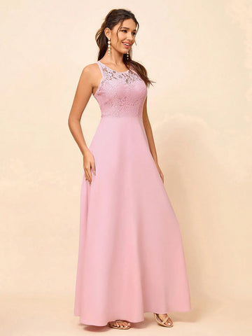 Elegant, Soft, Elegant, Romantic And Fashionable Women's Pink Exquisite Lace Splicing Bohemian Style Outdoor Wedding Lawn Wedding Seaside Wedding Formal Wedding Bridesmaid Dress