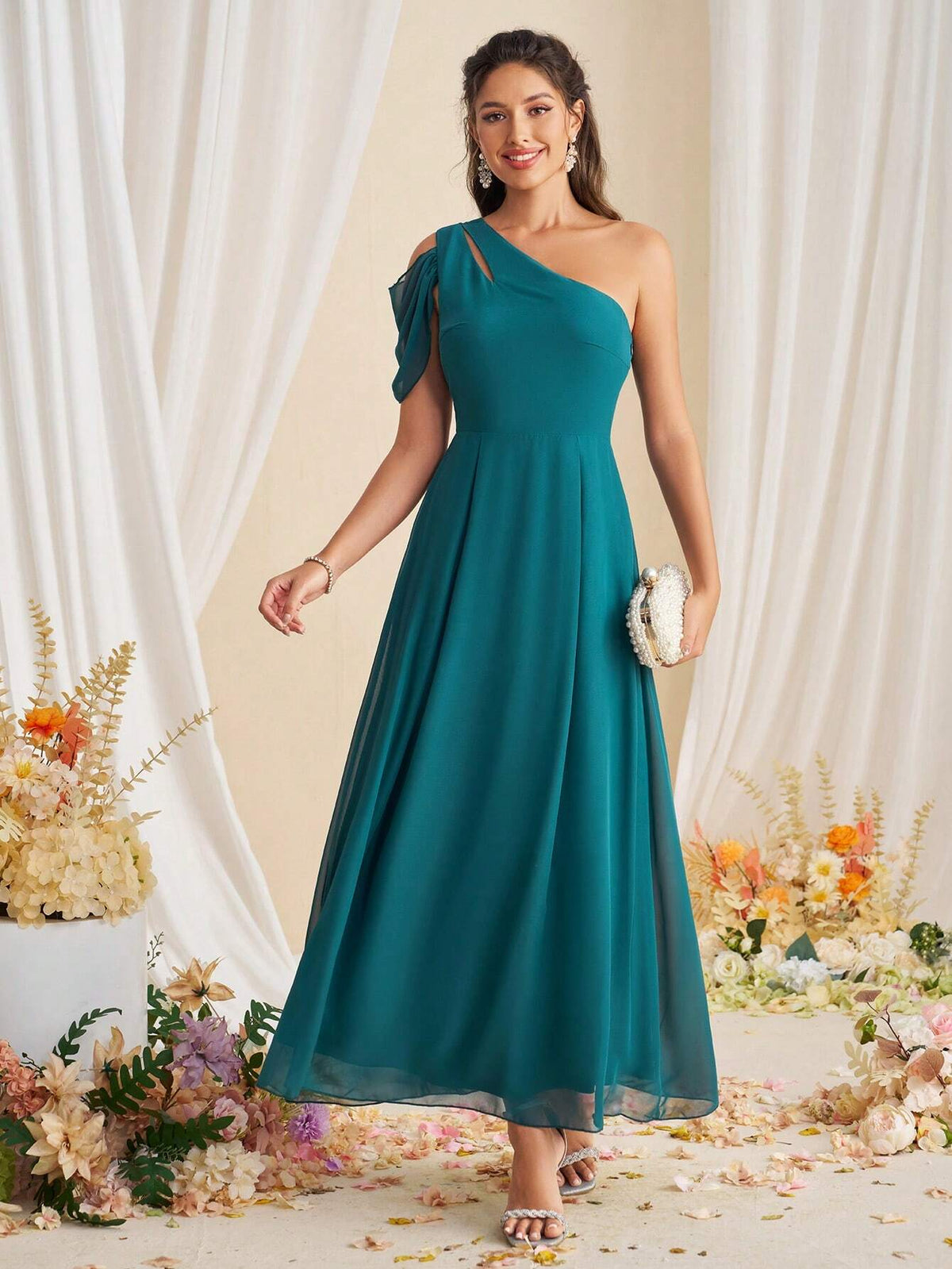 Elegant Solid Color Asymmetrical Collar Bridesmaid Dress With Gathered Waist