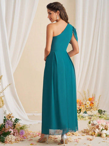 Elegant Solid Color Asymmetrical Collar Bridesmaid Dress With Gathered Waist