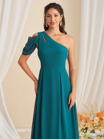 Elegant Solid Color Asymmetrical Collar Bridesmaid Dress With Gathered Waist