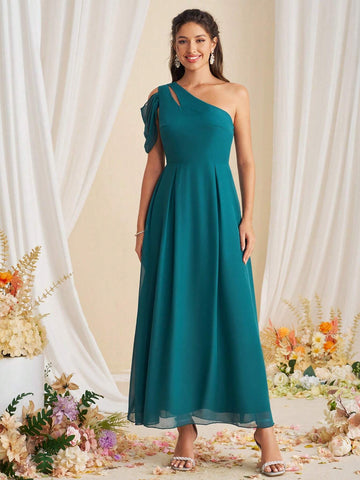 Elegant Solid Color Asymmetrical Collar Bridesmaid Dress With Gathered Waist