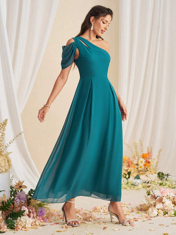 Elegant Solid Color Asymmetrical Collar Bridesmaid Dress With Gathered Waist