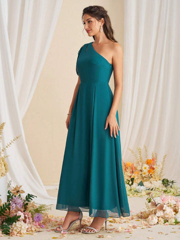 Elegant Solid Color Asymmetrical Collar Bridesmaid Dress With Gathered Waist