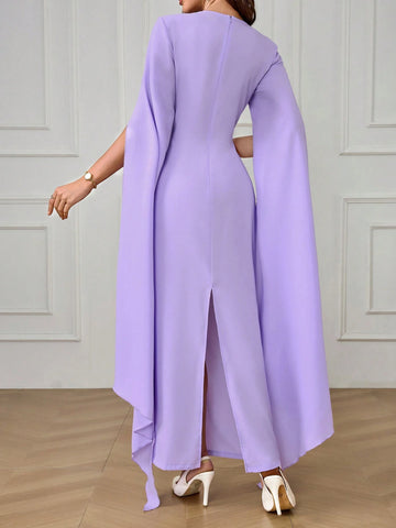 Elegant Solid Color Caped Padded Shoulder Long Dress For Spring And Autumn
