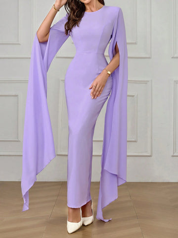 Elegant Solid Color Caped Padded Shoulder Long Dress For Spring And Autumn