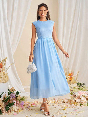 Elegant Solid Color Splicing Lace Waist-Cinching Bridesmaid Dress