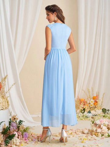 Elegant Solid Color Splicing Lace Waist-Cinching Bridesmaid Dress
