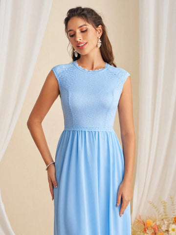 Elegant Solid Color Splicing Lace Waist-Cinching Bridesmaid Dress