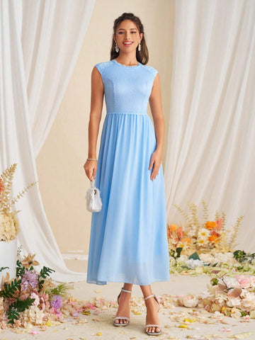 Elegant Solid Color Splicing Lace Waist-Cinching Bridesmaid Dress