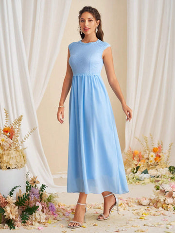 Elegant Solid Color Splicing Lace Waist-Cinching Bridesmaid Dress