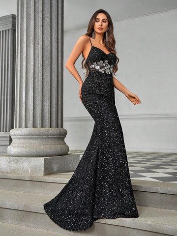 Elegant Spaghetti Strap Party Evening Dress With 3D Flower Appliques, Hollow Out Waist, High Waistline, Fish Tail Hem, High Slit, Heavy And Fine Sparkling Sequins, And Trail