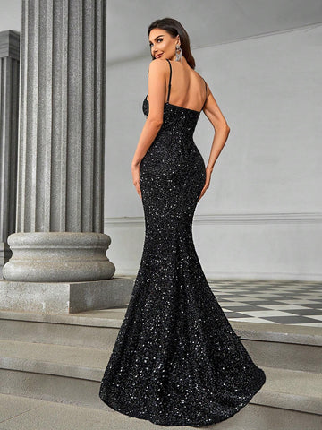 Elegant Spaghetti Strap Party Evening Dress With 3D Flower Appliques, Hollow Out Waist, High Waistline, Fish Tail Hem, High Slit, Heavy And Fine Sparkling Sequins, And Trail