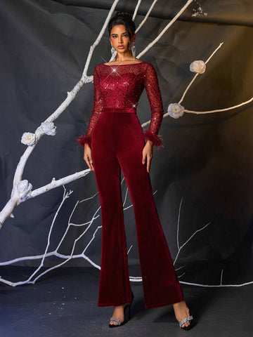 Elegant Sparkly Burgundy Faux Pearl & Sequin Velvet Sheer Sleeve Jumpsuit Suitable For Weddings, Parties, Vacations, Graduation, Women's Party Wear (Heavily Embellished) (Feather Cuffs)