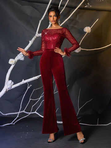 Elegant Sparkly Burgundy Faux Pearl & Sequin Velvet Sheer Sleeve Jumpsuit Suitable For Weddings, Parties, Vacations, Graduation, Women's Party Wear (Heavily Embellished) (Feather Cuffs)