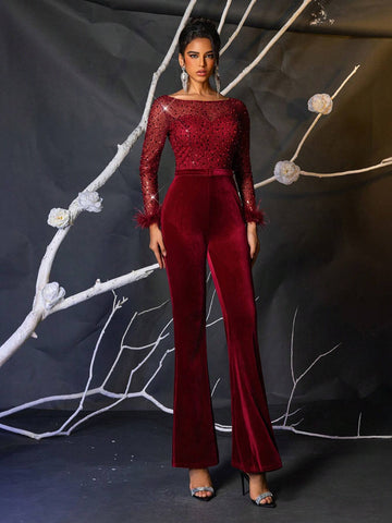 Elegant Sparkly Burgundy Faux Pearl & Sequin Velvet Sheer Sleeve Jumpsuit Suitable For Weddings, Parties, Vacations, Graduation, Women's Party Wear (Heavily Embellished) (Feather Cuffs)