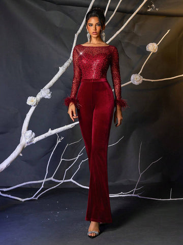 Elegant Sparkly Burgundy Faux Pearl & Sequin Velvet Sheer Sleeve Jumpsuit Suitable For Weddings, Parties, Vacations, Graduation, Women's Party Wear (Heavily Embellished) (Feather Cuffs)