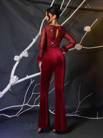 Elegant Sparkly Burgundy Faux Pearl & Sequin Velvet Sheer Sleeve Jumpsuit Suitable For Weddings, Parties, Vacations, Graduation, Women's Party Wear (Heavily Embellished) (Feather Cuffs)