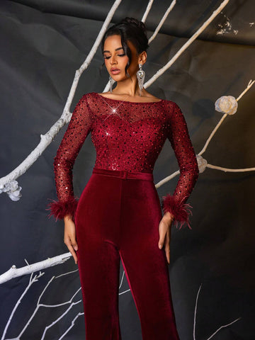 Elegant Sparkly Burgundy Faux Pearl & Sequin Velvet Sheer Sleeve Jumpsuit Suitable For Weddings, Parties, Vacations, Graduation, Women's Party Wear (Heavily Embellished) (Feather Cuffs)