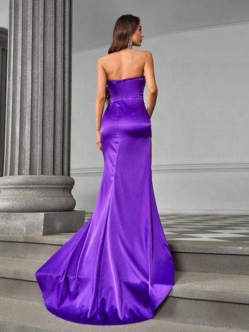 Elegant Strapless Bra Cup Deep V-Neckline Eyelash Lace Decorated Crisscross Waist Bones Slim High-Waist Side-Slit Sexy Mermaid Tail Gown For Various Occasions