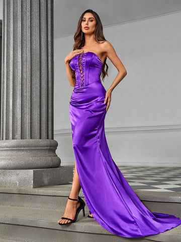 Elegant Strapless Bra Cup Deep V-Neckline Eyelash Lace Decorated Crisscross Waist Bones Slim High-Waist Side-Slit Sexy Mermaid Tail Gown For Various Occasions