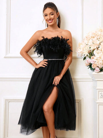 Elegant Strapless Feather Splice A-Line Tulle Evening Dress For Cocktail Party