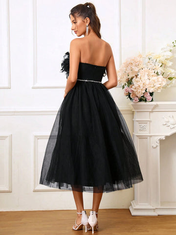 Elegant Strapless Feather Splice A-Line Tulle Evening Dress For Cocktail Party