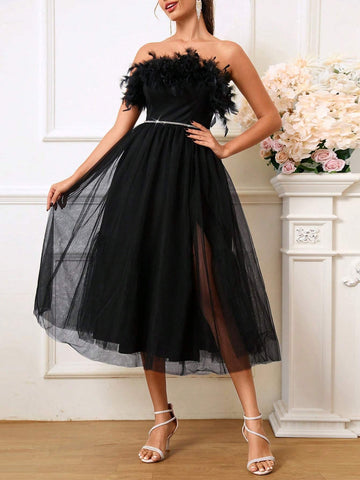Elegant Strapless Feather Splice A-Line Tulle Evening Dress For Cocktail Party