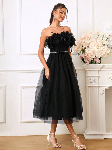 Elegant Strapless Feather Splice A-Line Tulle Evening Dress For Cocktail Party