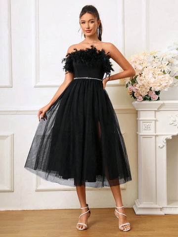 Elegant Strapless Feather Splice A-Line Tulle Evening Dress For Cocktail Party