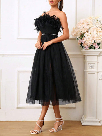 Elegant Strapless Feather Splice A-Line Tulle Evening Dress For Cocktail Party