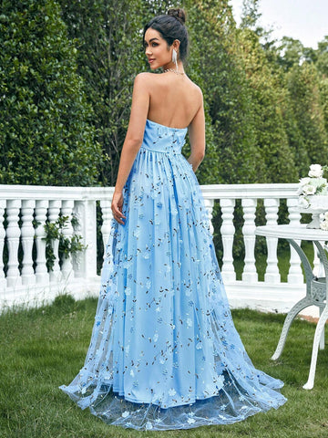 Elegant Strapless Mesh & 3D Flower Women's Prom Dress (Heavy Version)