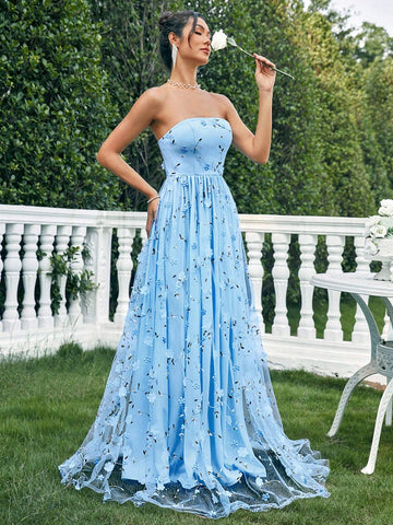 Elegant Strapless Mesh & 3D Flower Women's Prom Dress (Heavy Version)