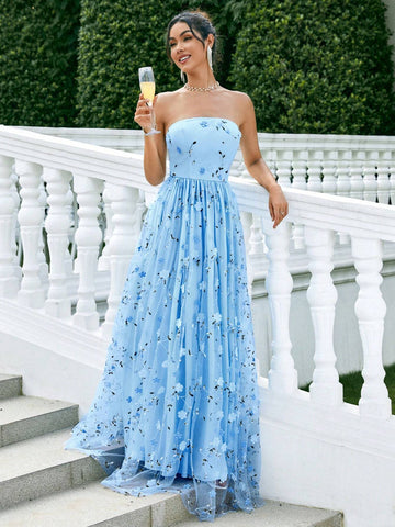 Elegant Strapless Mesh & 3D Flower Women's Prom Dress (Heavy Version)