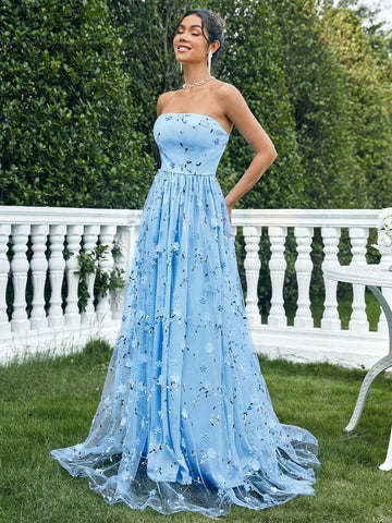 Elegant Strapless Mesh & 3D Flower Women's Prom Dress (Heavy Version)