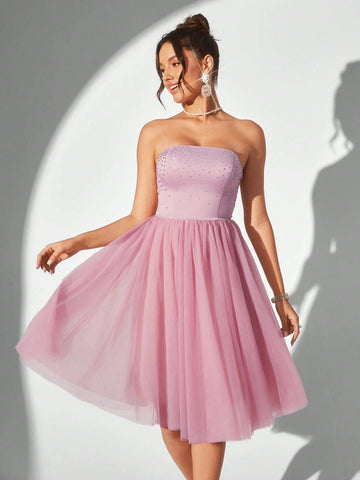 Elegant Strapless Mesh & Rhinestone Patchwork A-Line Cocktail Party Dress