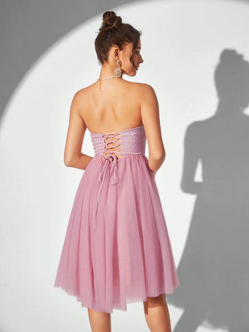 Elegant Strapless Mesh & Rhinestone Patchwork A-Line Cocktail Party Dress