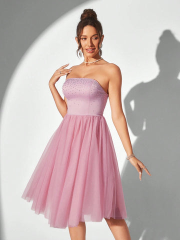 Elegant Strapless Mesh & Rhinestone Patchwork A-Line Cocktail Party Dress