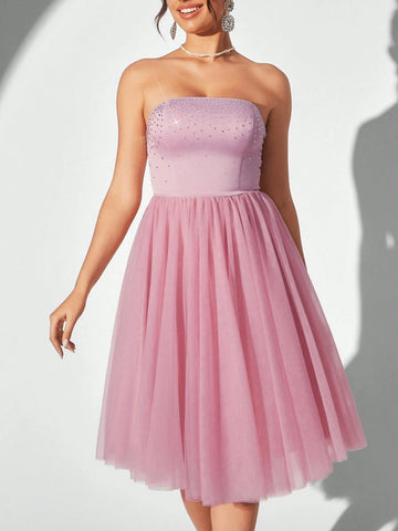 Elegant Strapless Mesh & Rhinestone Patchwork A-Line Cocktail Party Dress
