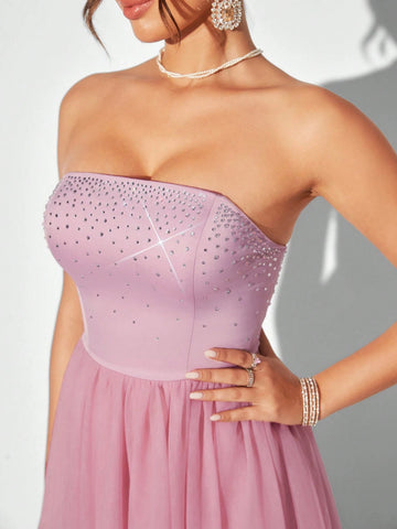 Elegant Strapless Mesh & Rhinestone Patchwork A-Line Cocktail Party Dress